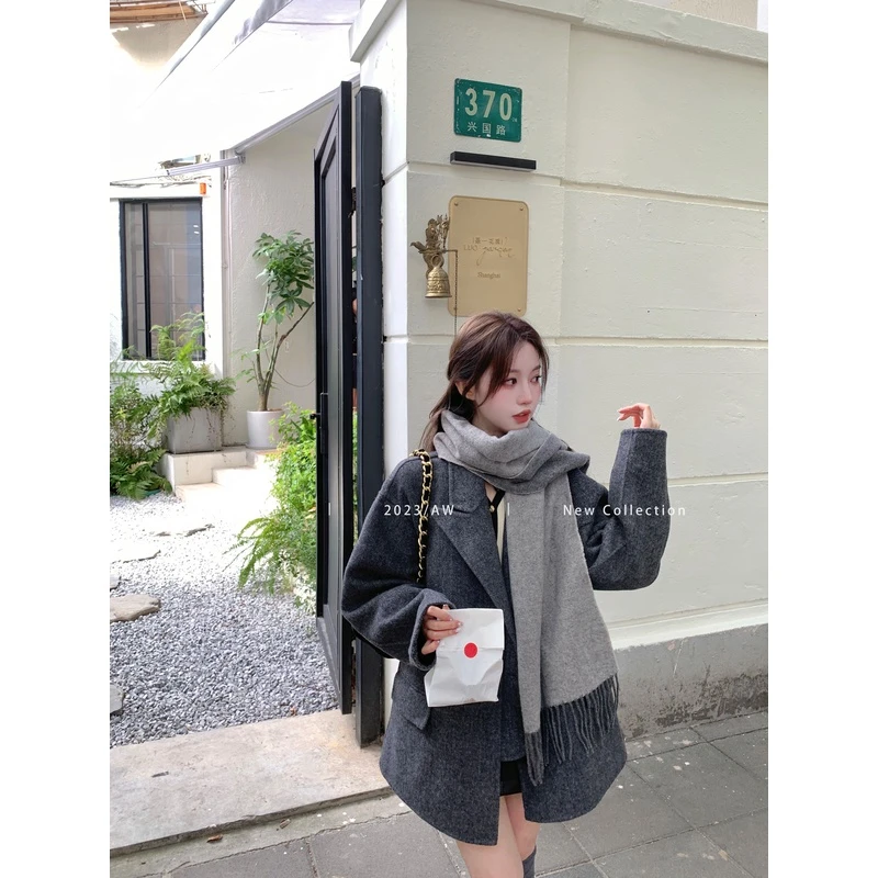 【MMENGJA】留学生人字纹羊毛高级毛呢西装外套冬季气质深灰色大衣
