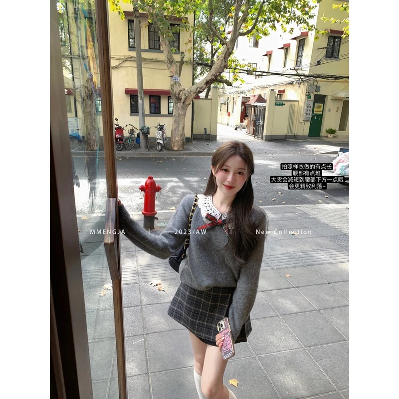 【MMENGJA】日漫少女 蝴蝶结可拆重工钩花领针织衫学院风娃娃领毛衣