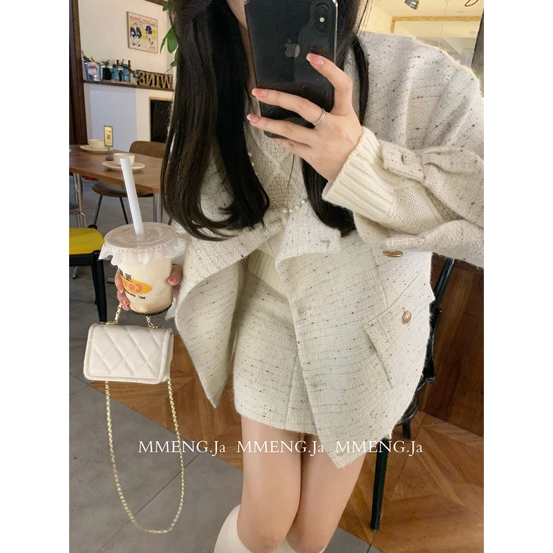 MMENGJA」迷人财阀千金 定制面料香风套装彩色波点外套百搭短裙
