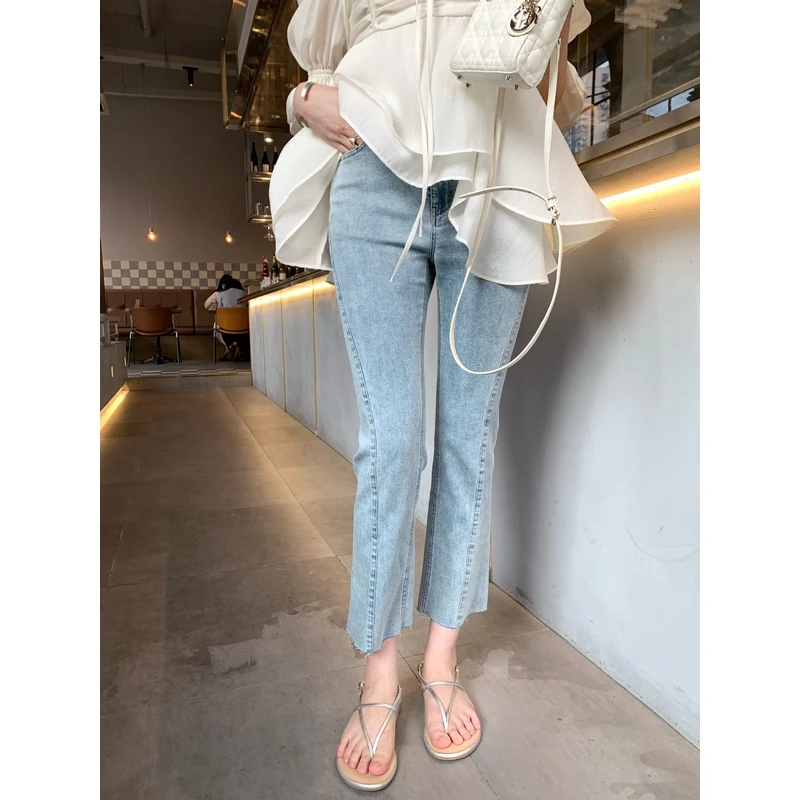 【MMENGJA】水洗简约牛仔裤复古显瘦温柔做旧休闲高腰长裤夏微喇