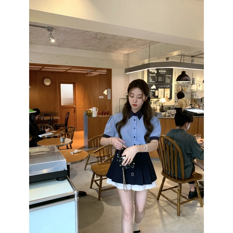 【MMENGJA】圣托里尼落日 蓝黑撞色衬衫女气质设计高级感短袖上衣夏