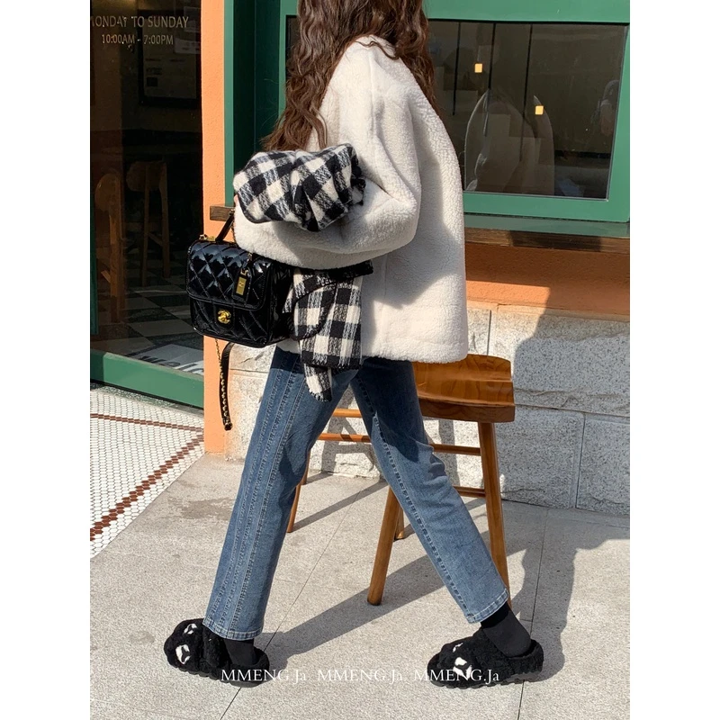 MMENGJA」线条感直筒加绒牛仔裤女高腰水洗蓝色小众设计感裤子
