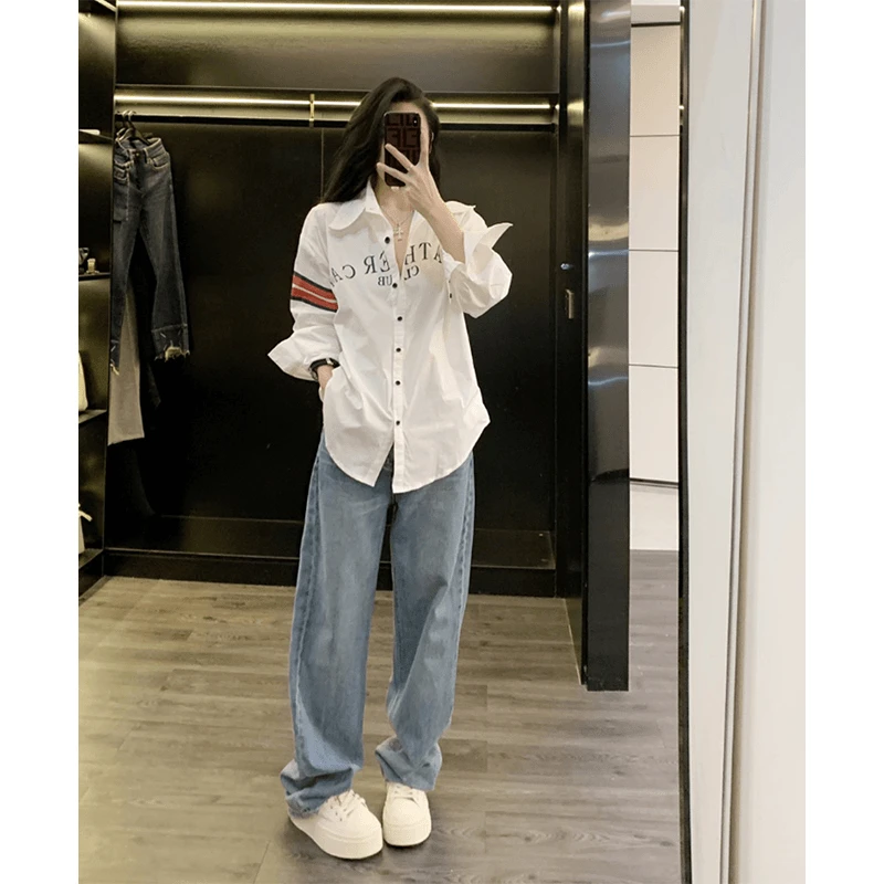 网红条纹白色衬衫女春秋设计感小众长袖显瘦宽松时尚复古百搭衬衣