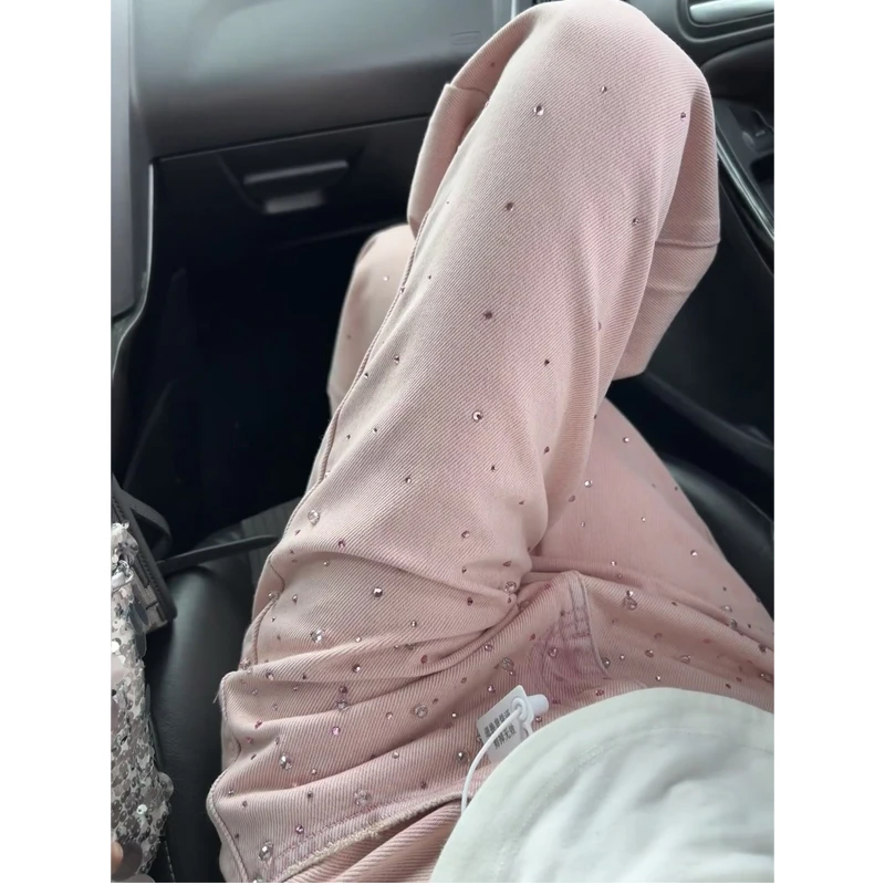 美式烫钻粉色牛仔裤女2025早春新款高腰宽松薄款阔腿直筒爆款裤子