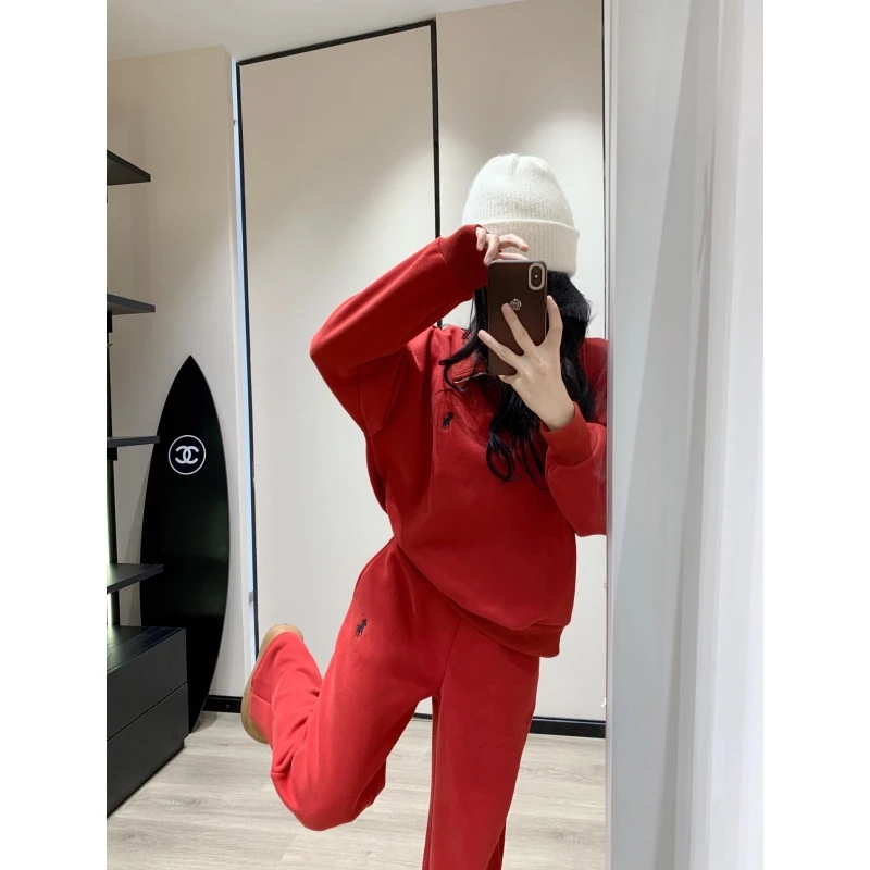 红色拉链大翻领卫衣女2025秋季新款慵懒风高级感加绒红卫裤两件套