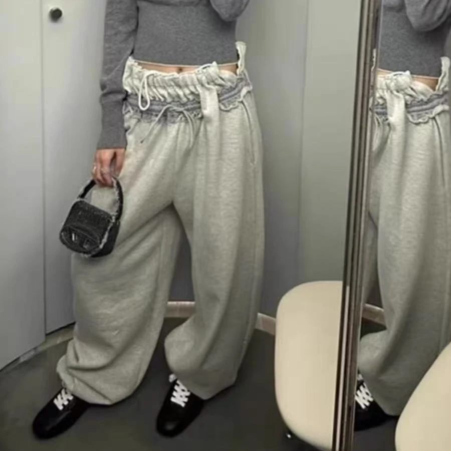 韩系百搭复古高级感裤子2024年冬季新款独特别致松紧腰垂感卫裤女