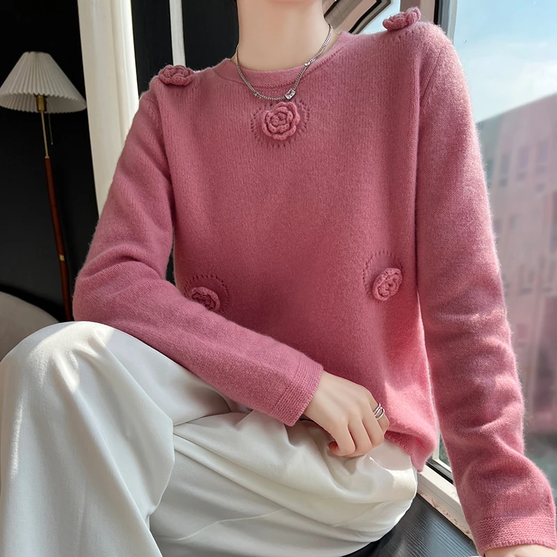 重工绣花100%纯羊毛衫女圆领扭花加厚毛衣时尚宽松羊毛针织打底衫