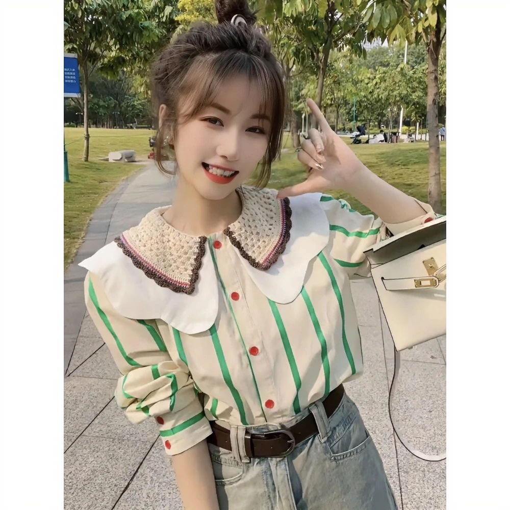 今年流行衬衫娃娃领条纹衬衣女百搭复古休闲港风韩系chic网红上衣