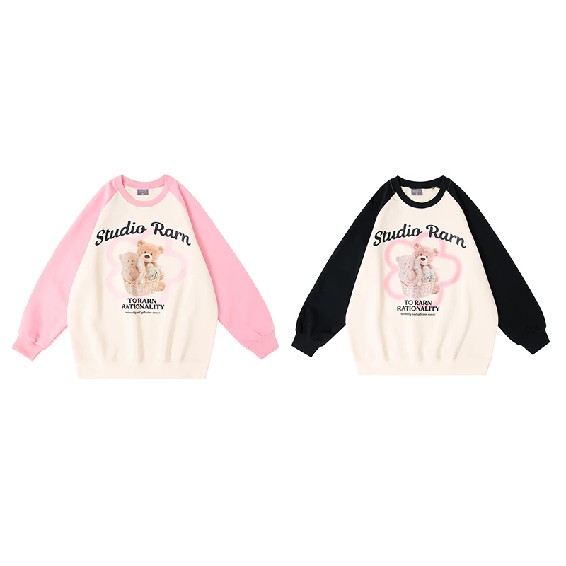 花朵小熊插肩袖卫衣春秋休闲印花圆领卡通