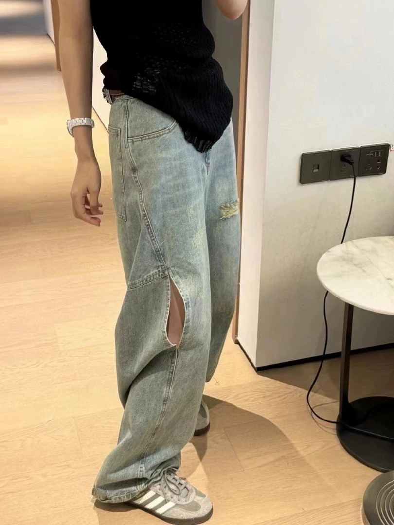 Ruckierz设计师款复古风复古宽松直筒破洞百搭拖地牛仔裤#7324