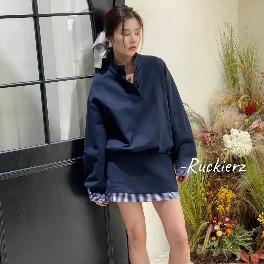 Ruckierz设计师韩风复古格纹撞色拼接时尚套装