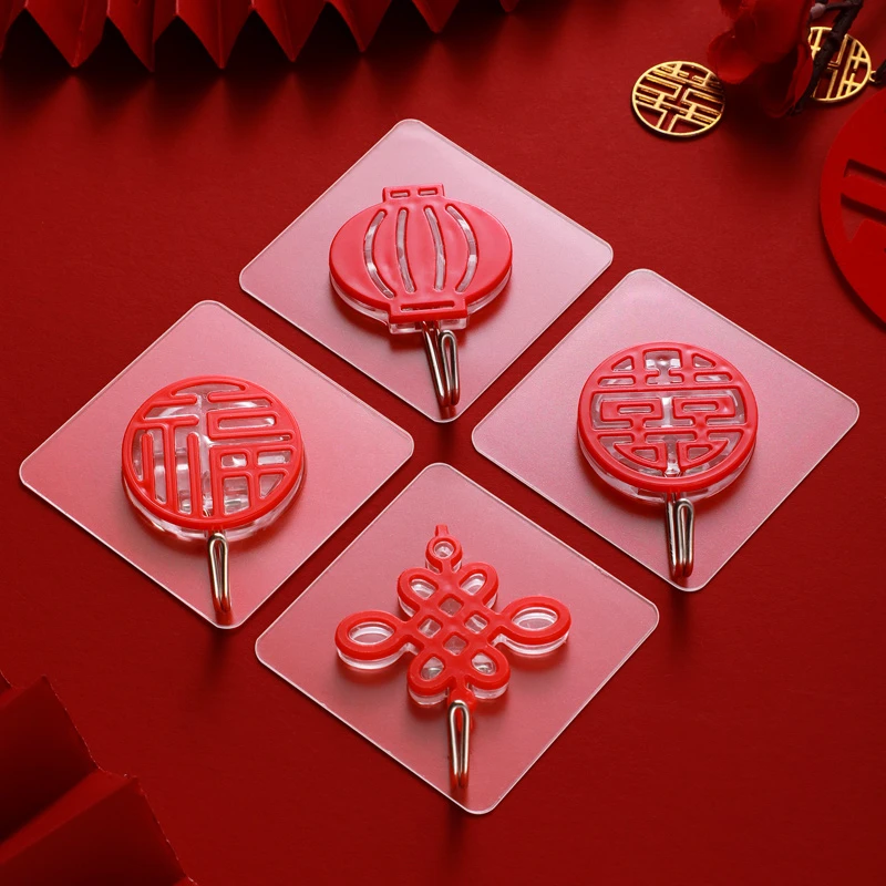 福字红色喜庆挂钩强力粘胶免打孔粘钩无痕墙壁承重门挂中国结钩子