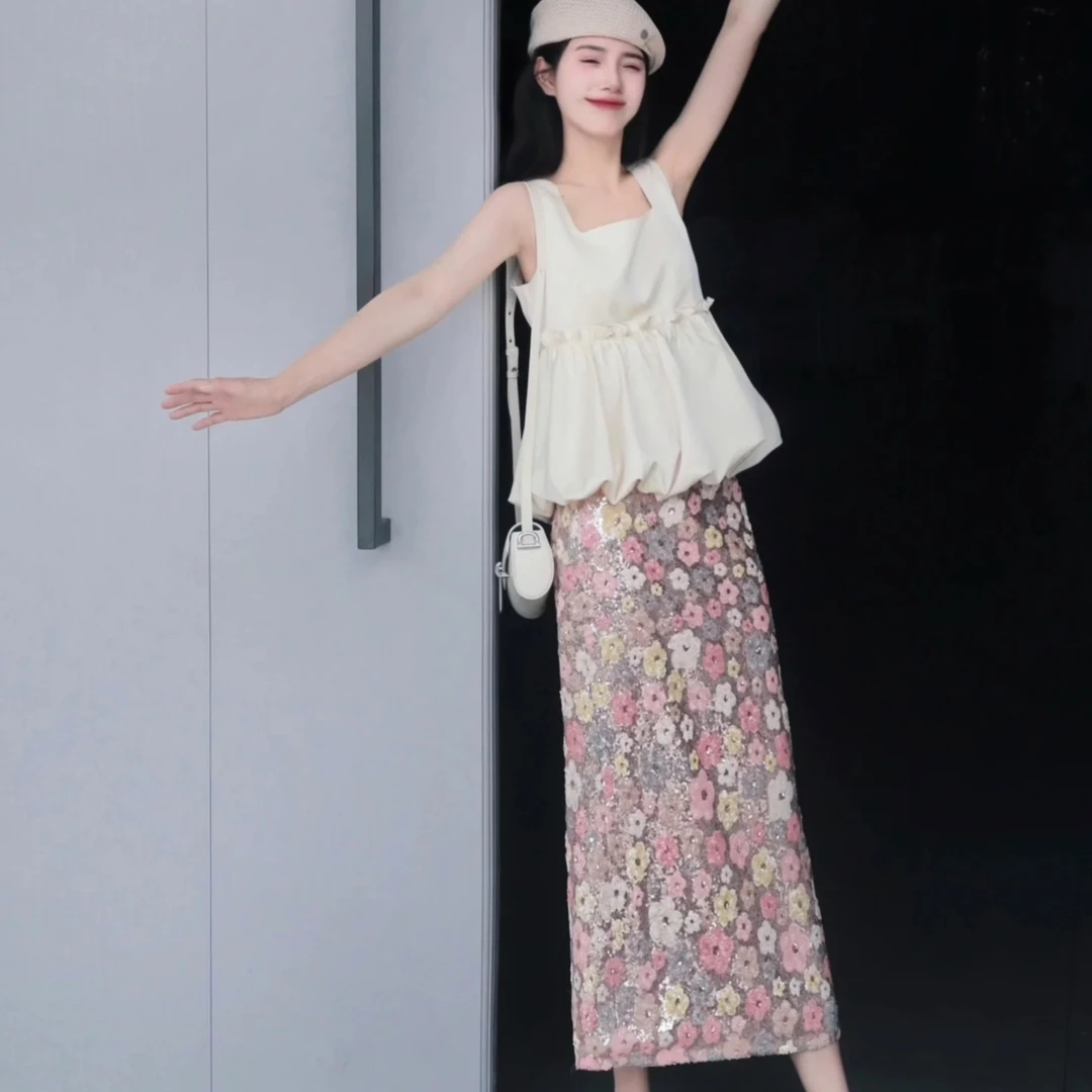 2024新款夏季穿搭小个子方领抗皱娃娃式锻感半裙上衣无袖气质显瘦