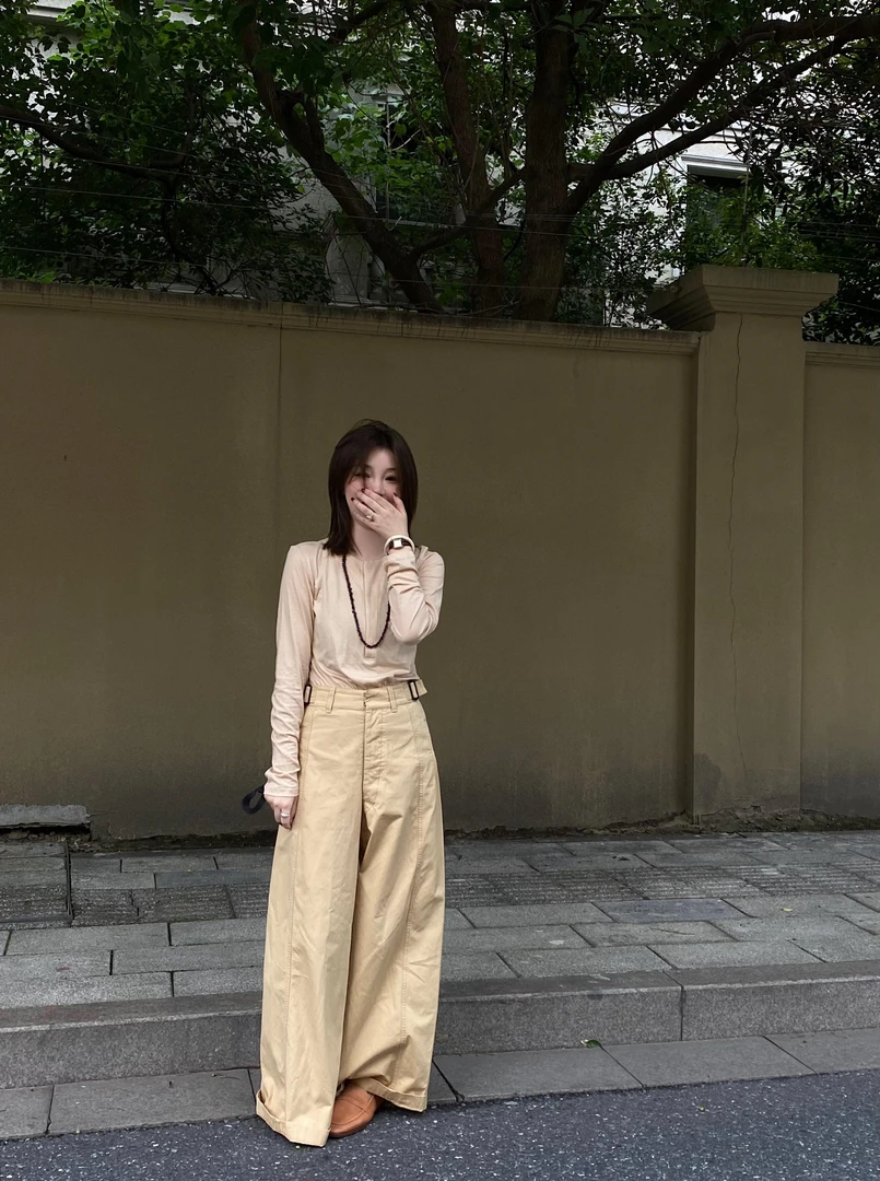 韩版简约圆领长袖T恤女打底衫2024秋季款宽松显瘦阔腿裤两件套