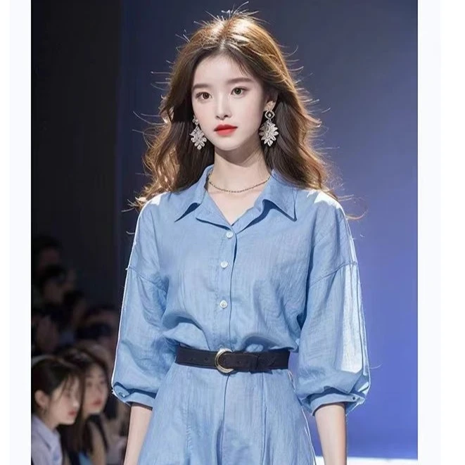 2024夏季新款小个子高端精致茶歇法式气质小香风蓝色衬衫连衣裙女
