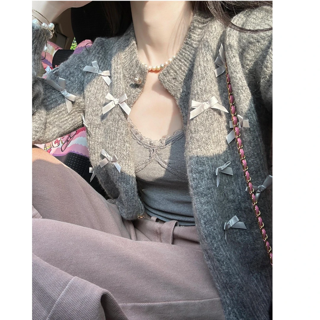 设计感重工蝴蝶结针织开衫女2024秋冬季慵懒风直筒牛仔裤两件套