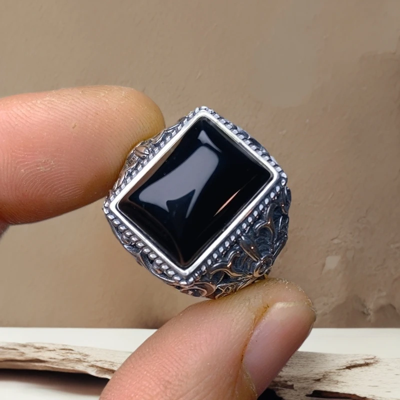 黑色男戒S925银玉石戒指黑玛瑙重工大气银戒
