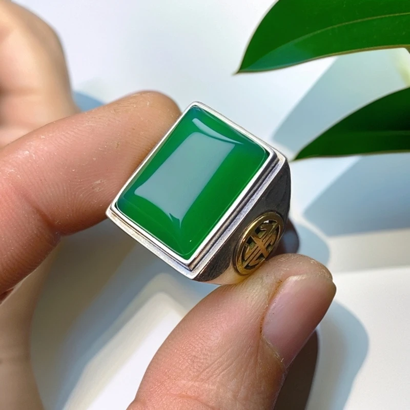 阳绿方戒S925银男戒玉石戒指满色