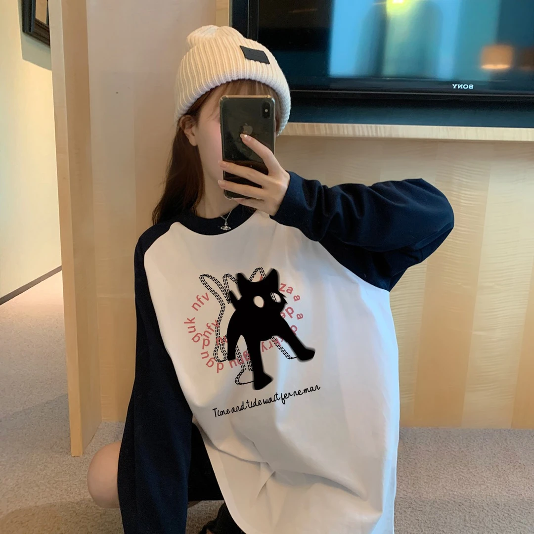 纯棉拼接插肩长袖t恤女早秋款宽松休闲慵懒风中长款黑白撞色上衣