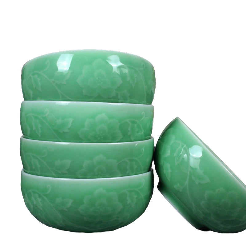 创意陶瓷碗中式家用米饭碗正品龙泉青瓷碗浮雕缠枝牡丹碗家用吃饭