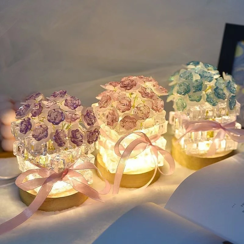七夕礼物送女友情人节diy生日礼物冰块玫瑰花小夜灯创意礼物发光