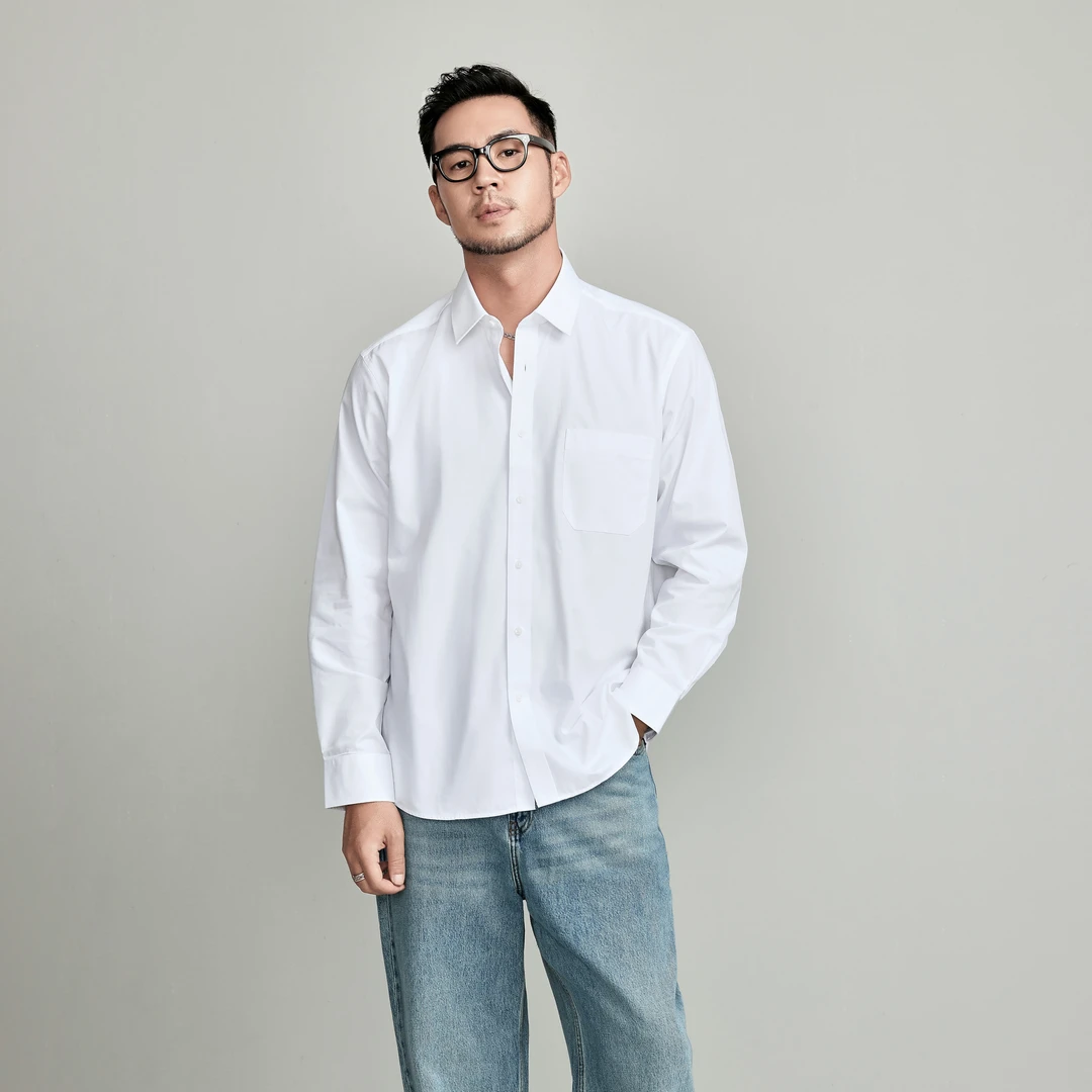 VOLCANUS免烫带口袋白色工装通勤百搭高级痞帅高端潮港风休闲衬衫