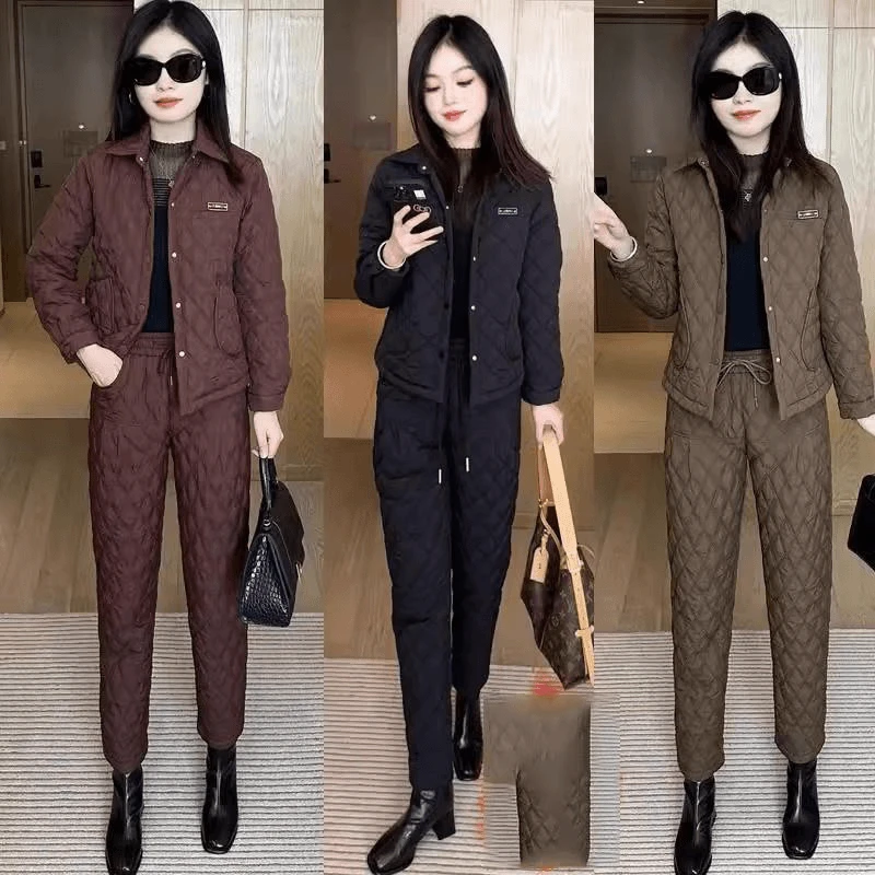 加绒加厚显瘦套装女2024冬季新款洋气显瘦棉衣棉裤保暖百搭两件套