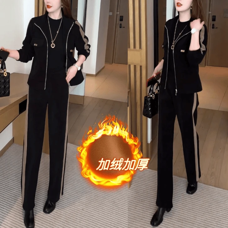 2025年加绒运动休闲套装女秋冬加厚时髦开衫短外套时尚显瘦两件套