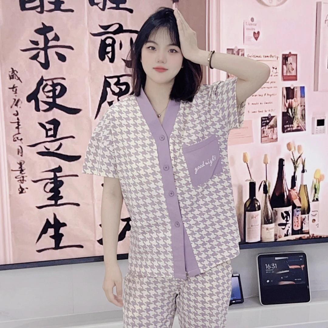 【带胸垫】睡衣女夏新款100%纯棉合服开衫家居服短袖短裤长裤138