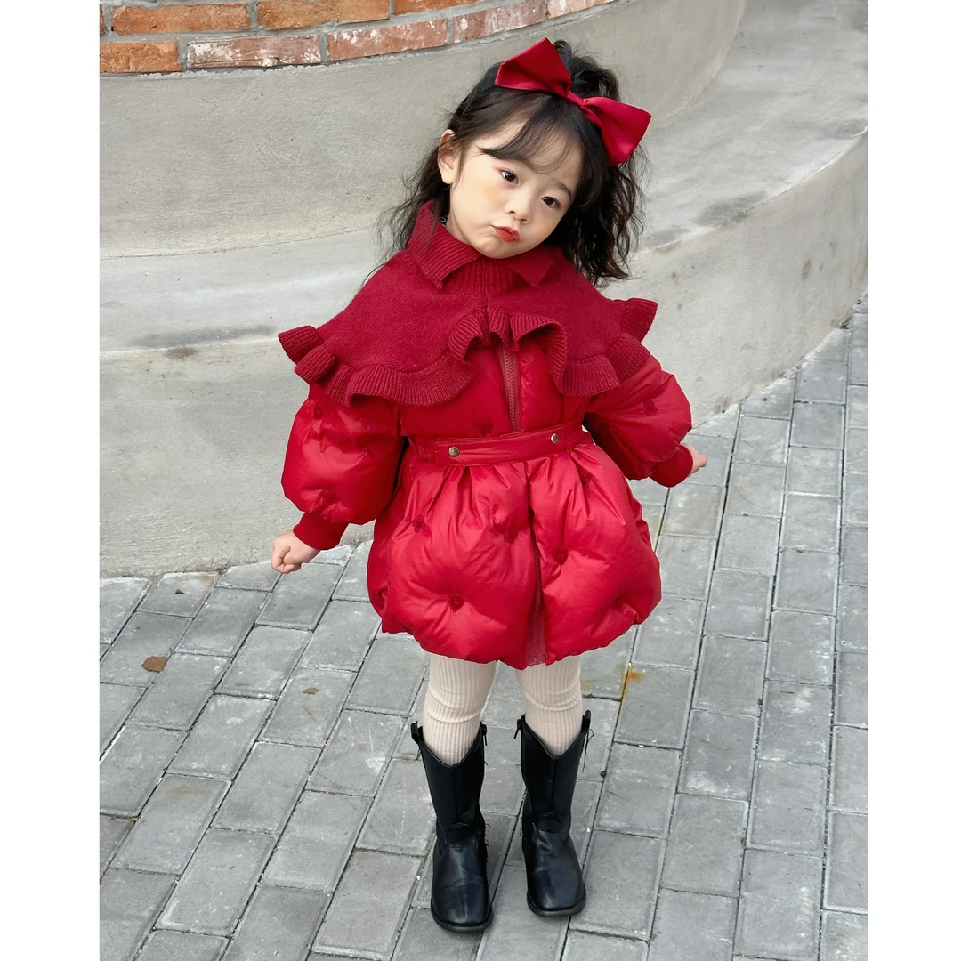 【90白鸭绒】2023秋冬韩版女童红色刺绣披肩羽绒服加厚小童中长款