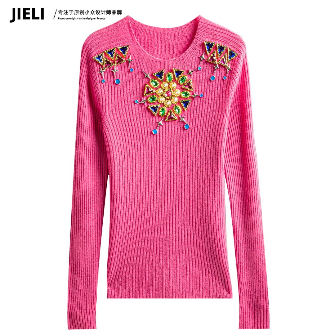 JIE LI/街力原创小众设计师定制款手工粉色打底毛衣女S6550