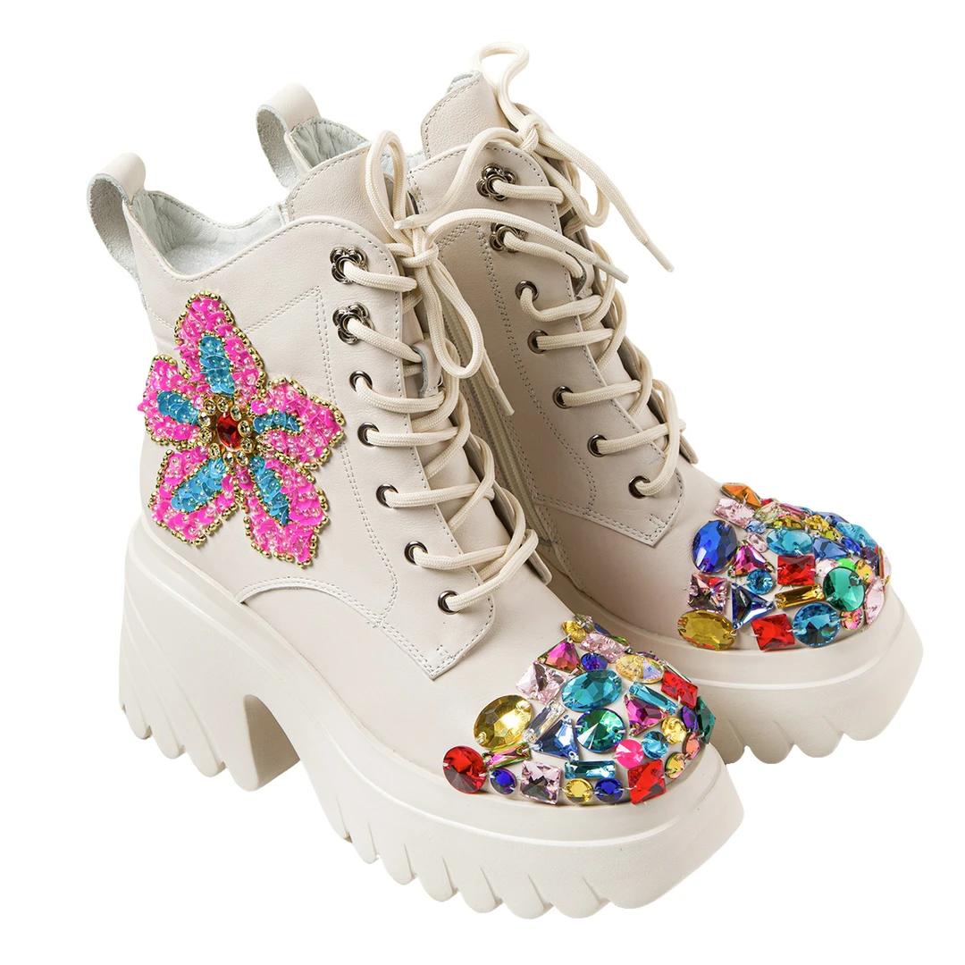 JIE LI/街力秋新款高跟显瘦粗跟定制款白色靴子筒靴女A6288