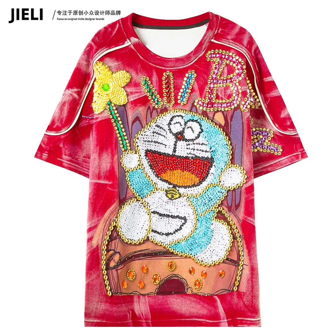 JIE LI/街力设计感小众减龄夏季百搭显瘦短袖红色T恤女Q7006