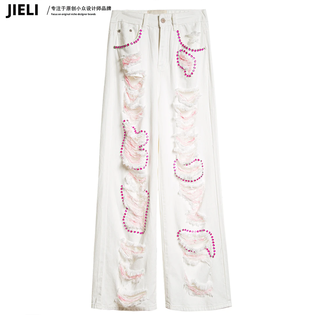 JIE LI/街力设计师高级感小众休闲显瘦阔腿破洞粉白牛仔裤女T3870