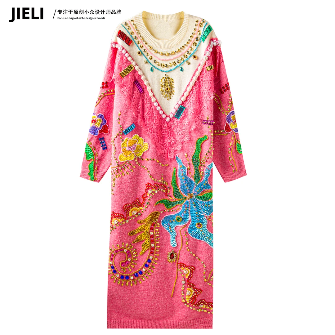 JIE LI/街力定制设计师原创小众设计中长款粉色毛衣A6692
