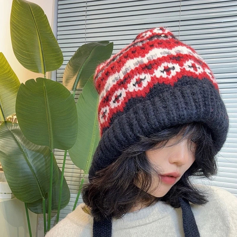 女冬季复古巴拉克拉法帽包包帽费尔岛风针织帽子保暖护耳毛线帽潮