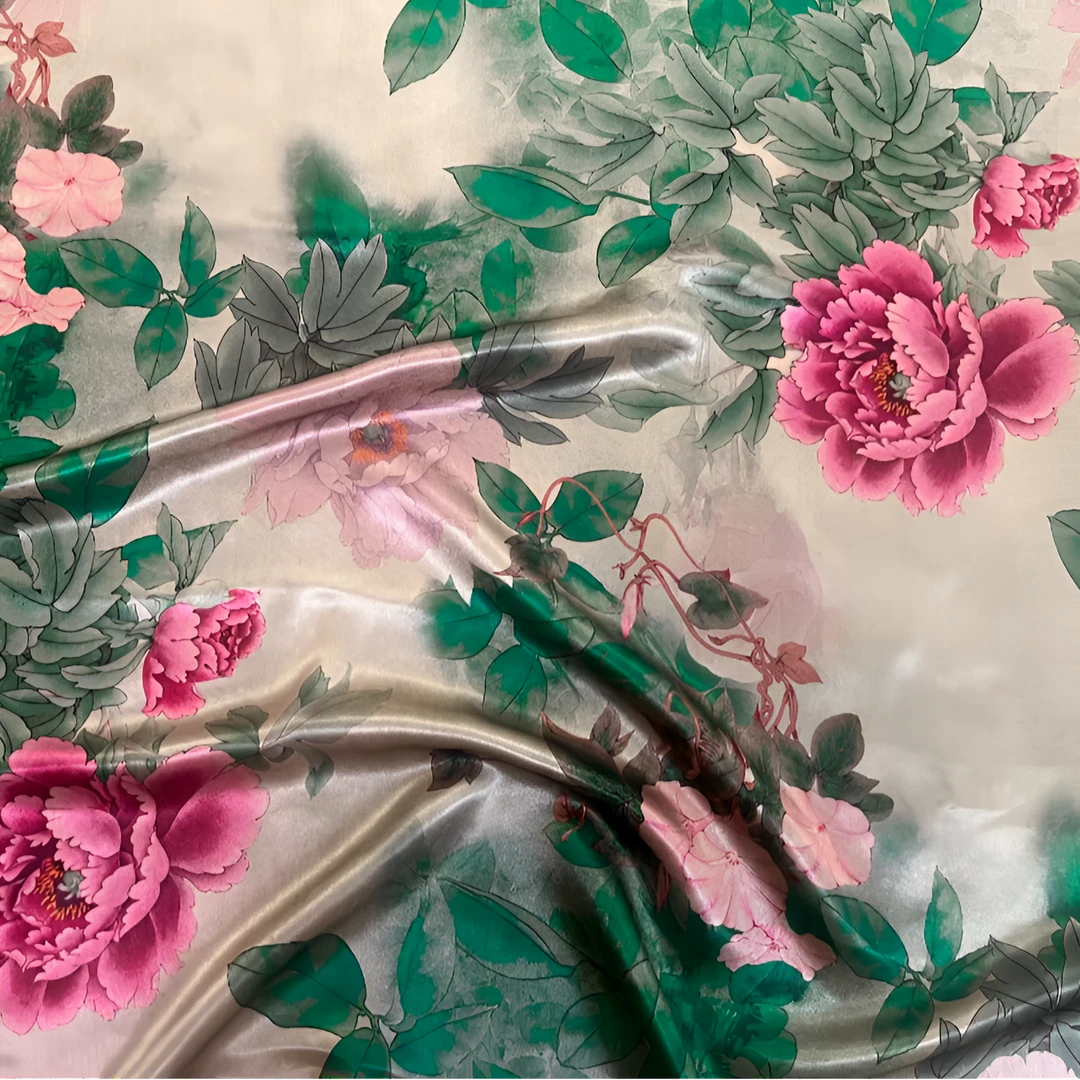 【幂幂牡丹·】真丝桑蚕丝 红云纱 丝绸面料  140幅宽  50姆米