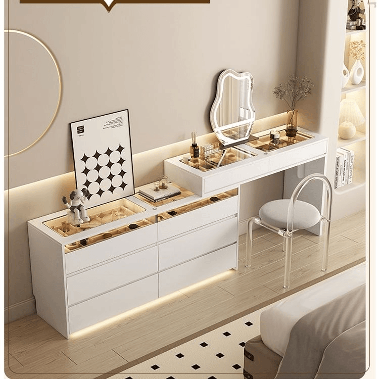 现代极简实木梳妆台北欧风黑色高级卧室斗柜一体翻盖梳妆台网红柜