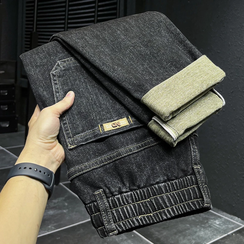 春季新款松紧腰男士牛仔裤男款弹力修身直筒裤系绳长裤休闲裤子男