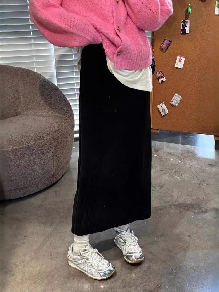秋冬加厚复古优雅百搭半身裙丝绒条绒直筒裙鱼尾裙高腰时尚开叉