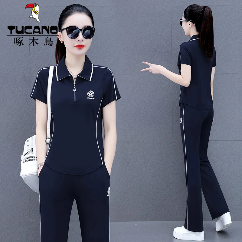 啄木鳥短袖运动套装女休闲服Polo领两件套2023年夏季妈妈新款时尚