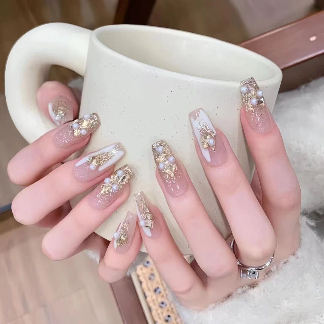 MO【玲兰漫野】纯手工美甲金色不规则法式搭配珍珠可拆卸穿戴甲