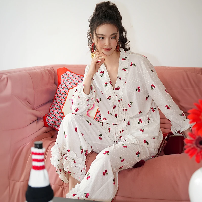 AUDREYWANG刺绣樱桃蛋糕睡衣套装纯棉女士宽松甜美家居服11315