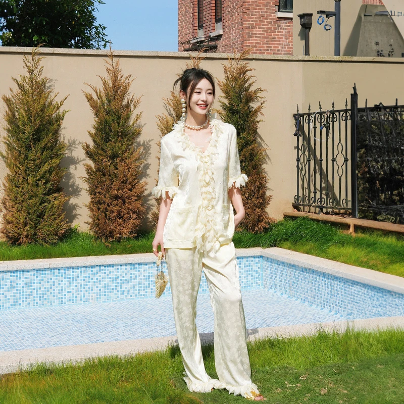 AUDREYWANG千叶暗影芙蓉睡衣女套装气质提花小香风家居服11136