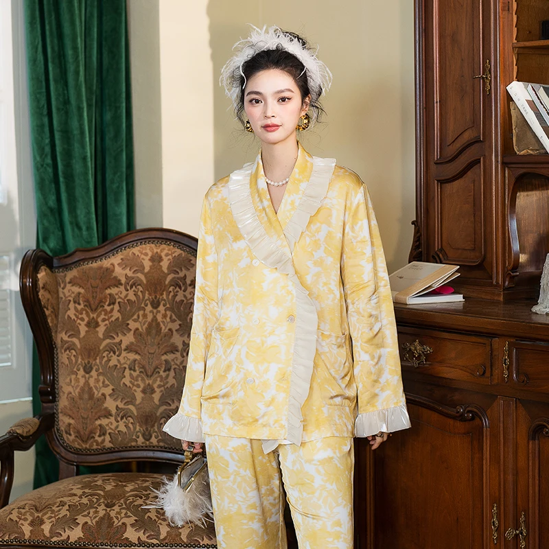 AUDREYWANG原创袅绕光影春秋提花睡衣套装国风印花长袖家居服9092