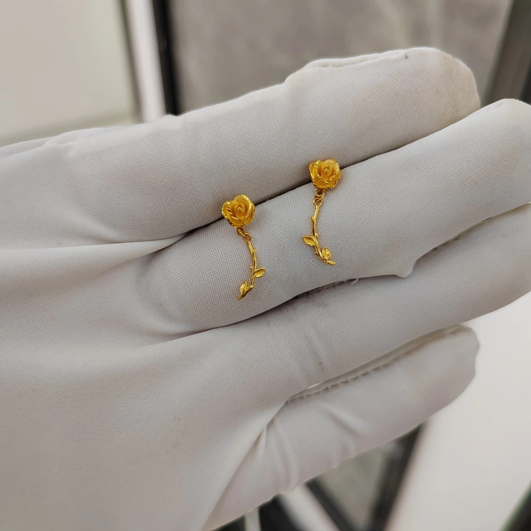 5G工艺黄金精品时尚新款直针玫瑰花耳钉女款个性独特耳饰配胶耳堵