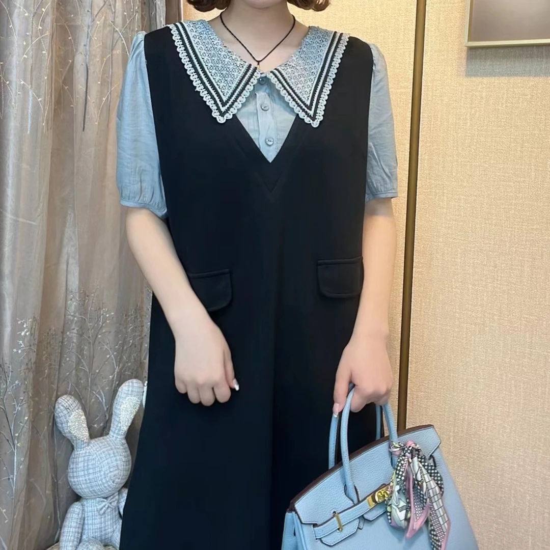 v领连衣裙假高档假两件连衣裙2023夏季新款微胖遮肉显瘦连衣裙女