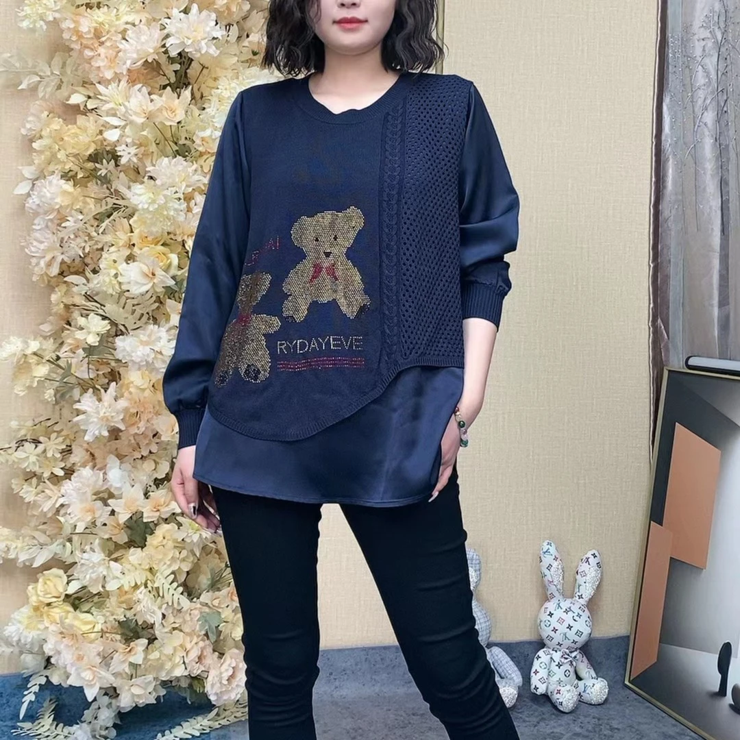 高级感气质宽松显瘦大码上衣2022春秋新款女装假两件圆领百搭小衫