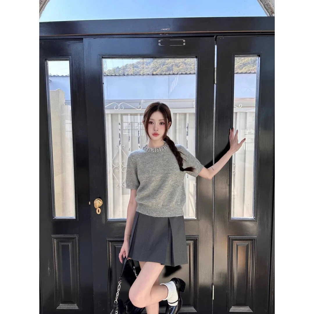miu系灰色圆领带钻短袖毛衣女春夏宽松百搭甜美小个子针织衫上衣