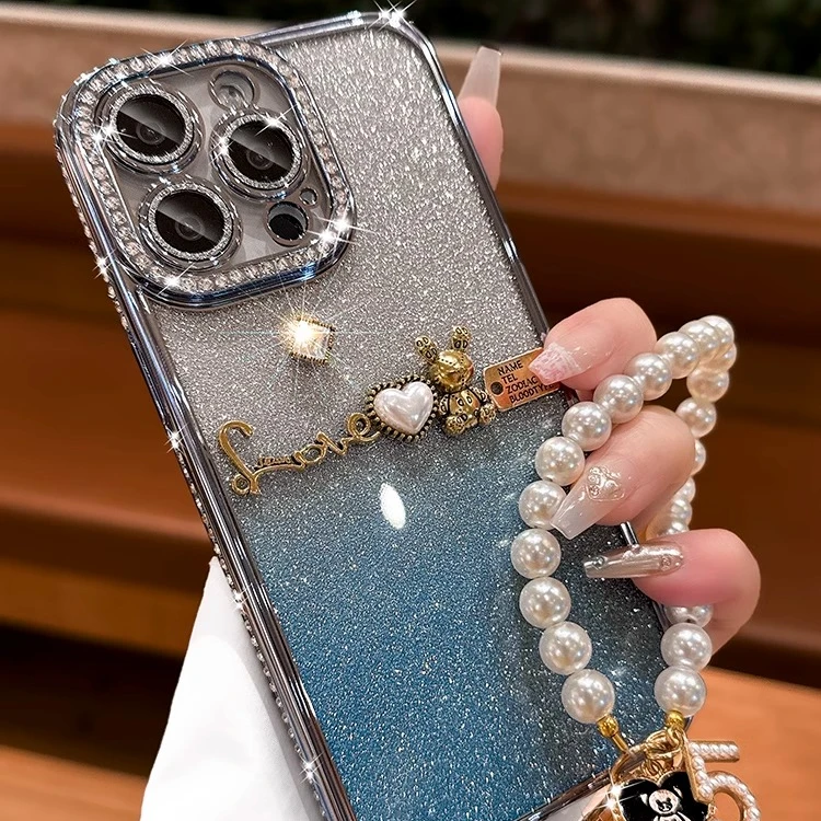适用苹果15promax渐变闪粉手机壳iPhone16电镀闪钻14创意兔子配饰
